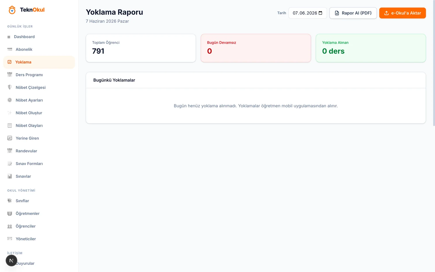İdareci: yoklama raporları ve PDF çıktı